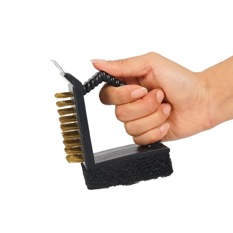 1PC BBQ Tool Cleaner Brush 3-in-1 Cleaning Brush with Copper Bristles, Sponge Nylon Brush and Steel Scraper