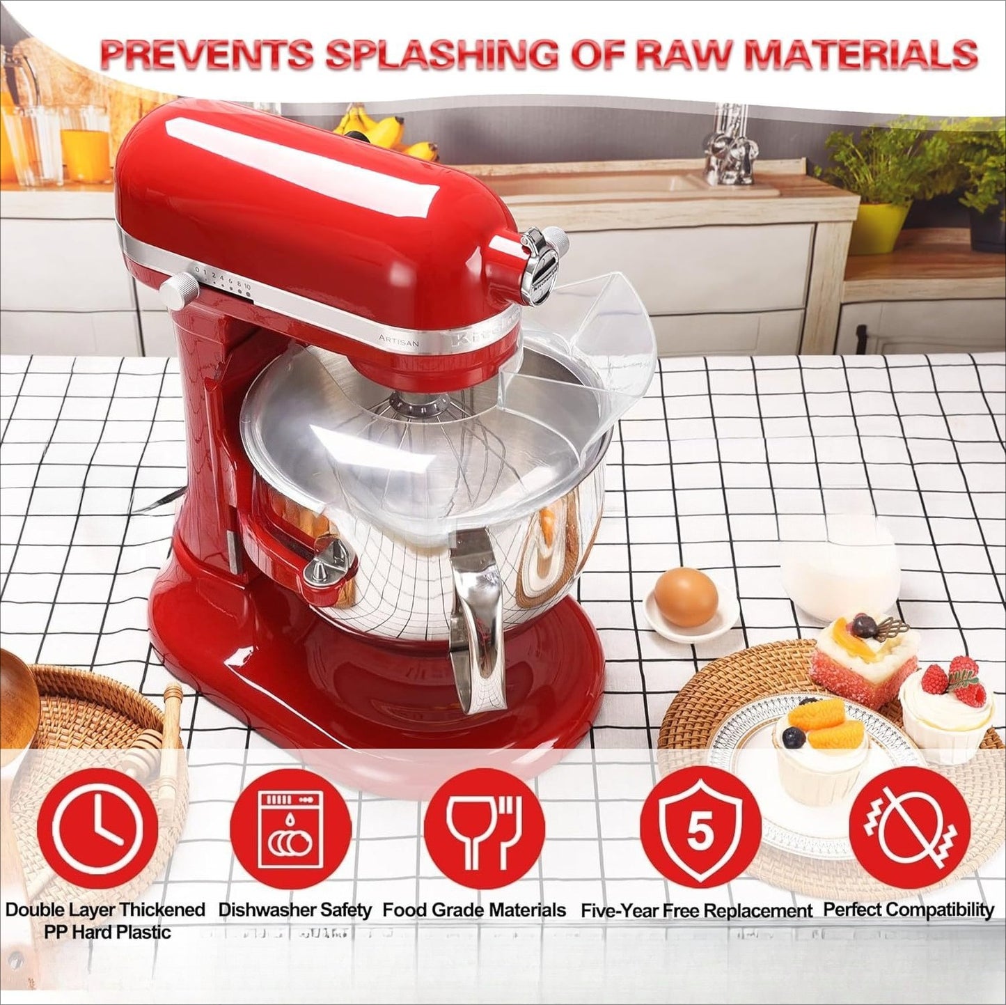 Food Grade Transparent Plastic 6-8QT Stand Mixer Splash Guard with Enlarged Pour Spout Vertical Mixer Anti-Overflow Anti-Splash Baking Accessory