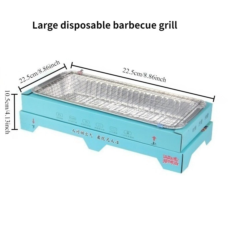 Large disposable barbecue grill with dimensions on a white background