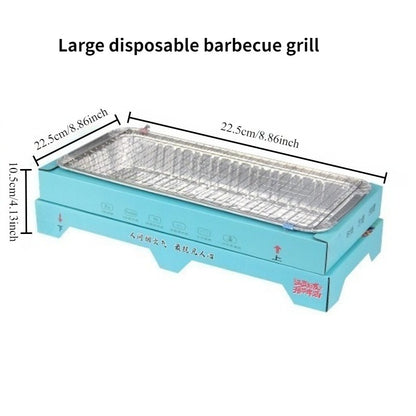 Large disposable barbecue grill with dimensions on a white background