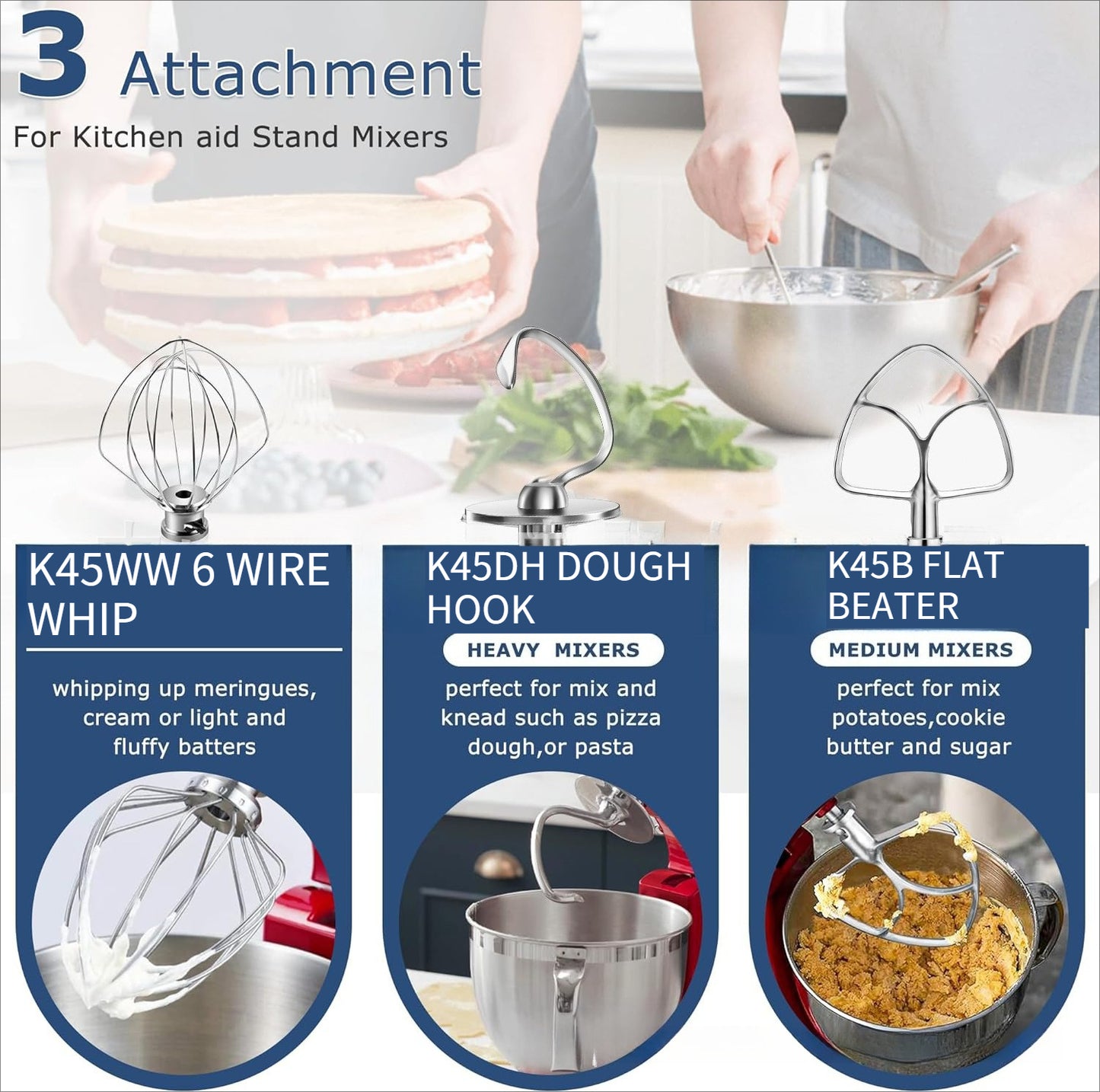 Food Grade Stainless Steel 3 Pcs Stand Mixer Set Wire Whip Dough Hook Flat Beater Baking Kneading Tool