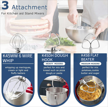 Food Grade Stainless Steel 3 Pcs Stand Mixer Set Wire Whip Dough Hook Flat Beater Baking Kneading Tool