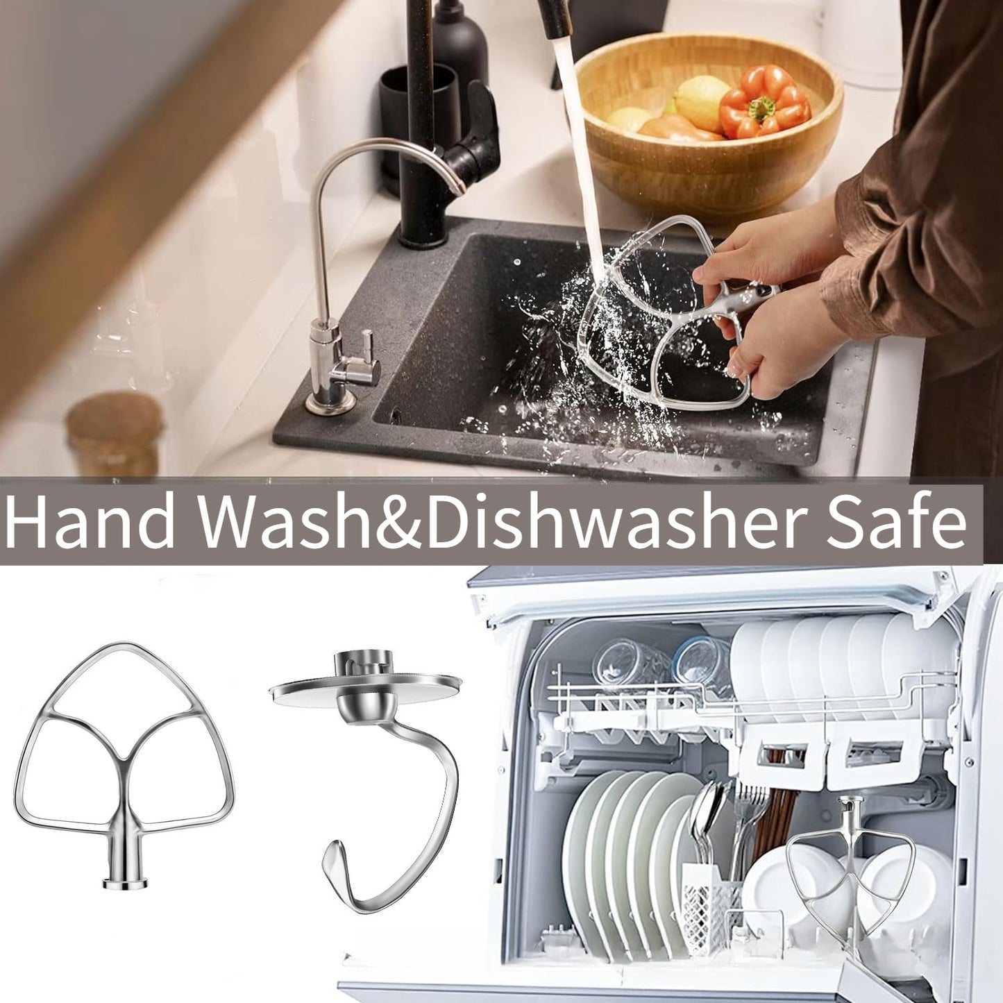 Food Grade Stainless Steel 3 Pcs Stand Mixer Set Wire Whip Dough Hook Flat Beater Baking Kneading Tool