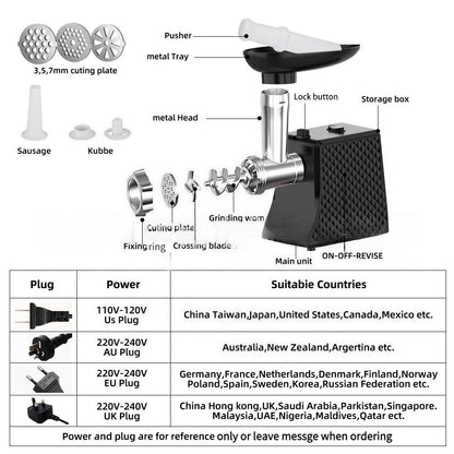 Electric Meat Grinder and Sausage Stuffer Machine 3 Size Cutting Plates Multifunctional Mincer with EU US UK AU Plug Options