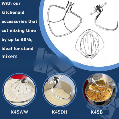 Food Grade Stainless Steel 3 Pcs Stand Mixer Set Wire Whip Dough Hook Flat Beater Baking Kneading Tool