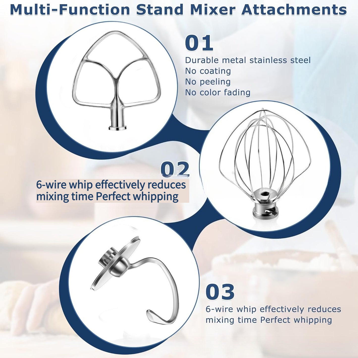 Food Grade Stainless Steel 3 Pcs Stand Mixer Set Wire Whip Dough Hook Flat Beater Baking Kneading Tool