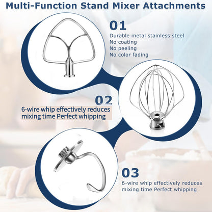 Food Grade Stainless Steel 3 Pcs Stand Mixer Set Wire Whip Dough Hook Flat Beater Baking Kneading Tool
