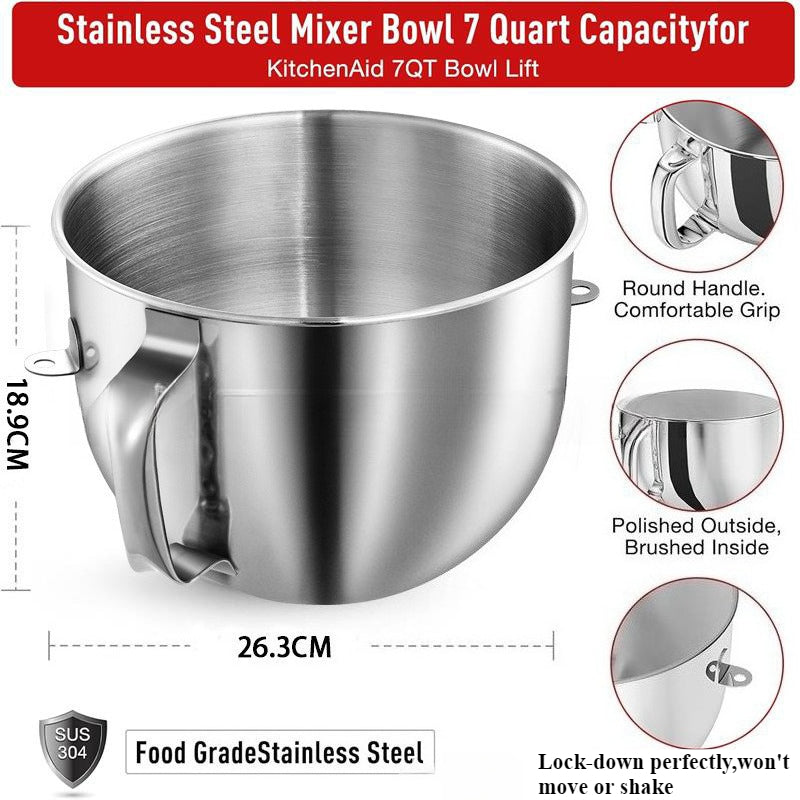 7QT Large Capacity Stainless Steel Mixing Bowl Replacement with Handle for Stand Mixer