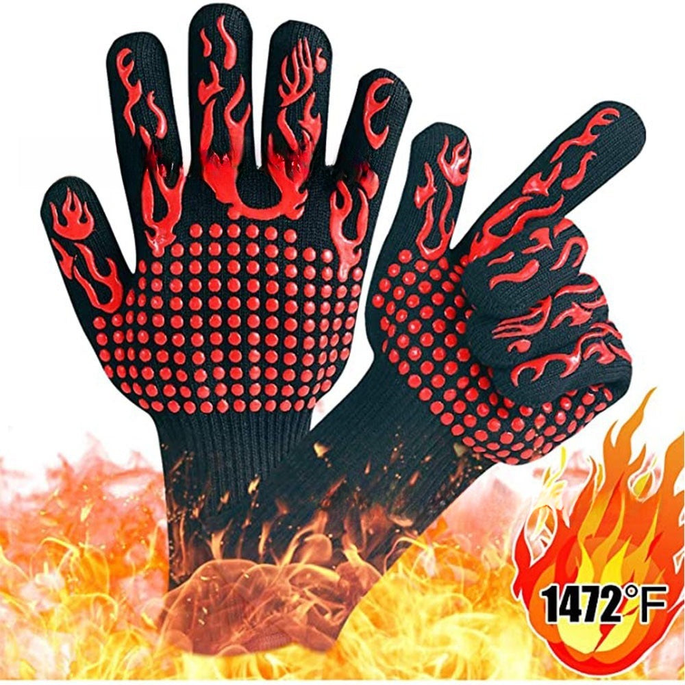 2pcs/Pair Heat Resistant Gloves for BBQ Double Layer Thickened Silicone Oven Gloves Fire Retardant Cooking Gloves for Grilling