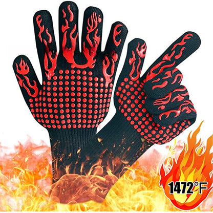2pcs/Pair Heat Resistant Gloves for BBQ Double Layer Thickened Silicone Oven Gloves Fire Retardant Cooking Gloves for Grilling