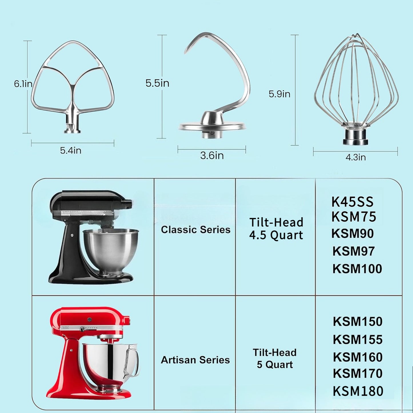 Food Grade Stainless Steel 3 Pcs Stand Mixer Set Wire Whip Dough Hook Flat Beater Baking Kneading Tool