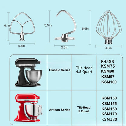 Food Grade Stainless Steel 3 Pcs Stand Mixer Set Wire Whip Dough Hook Flat Beater Baking Kneading Tool