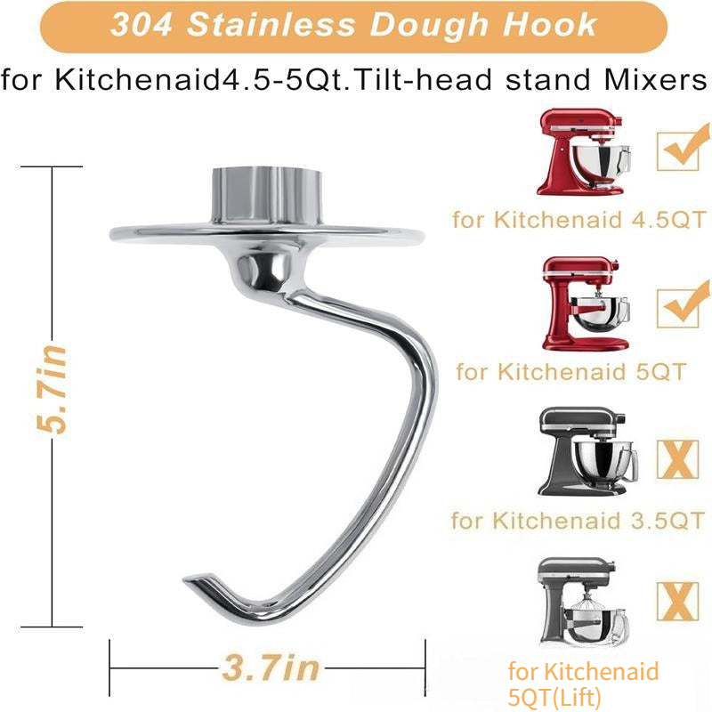 Stainless steel dough hook attachment for KitchenAid4.5-5QT tilt head stand mixer K45DH