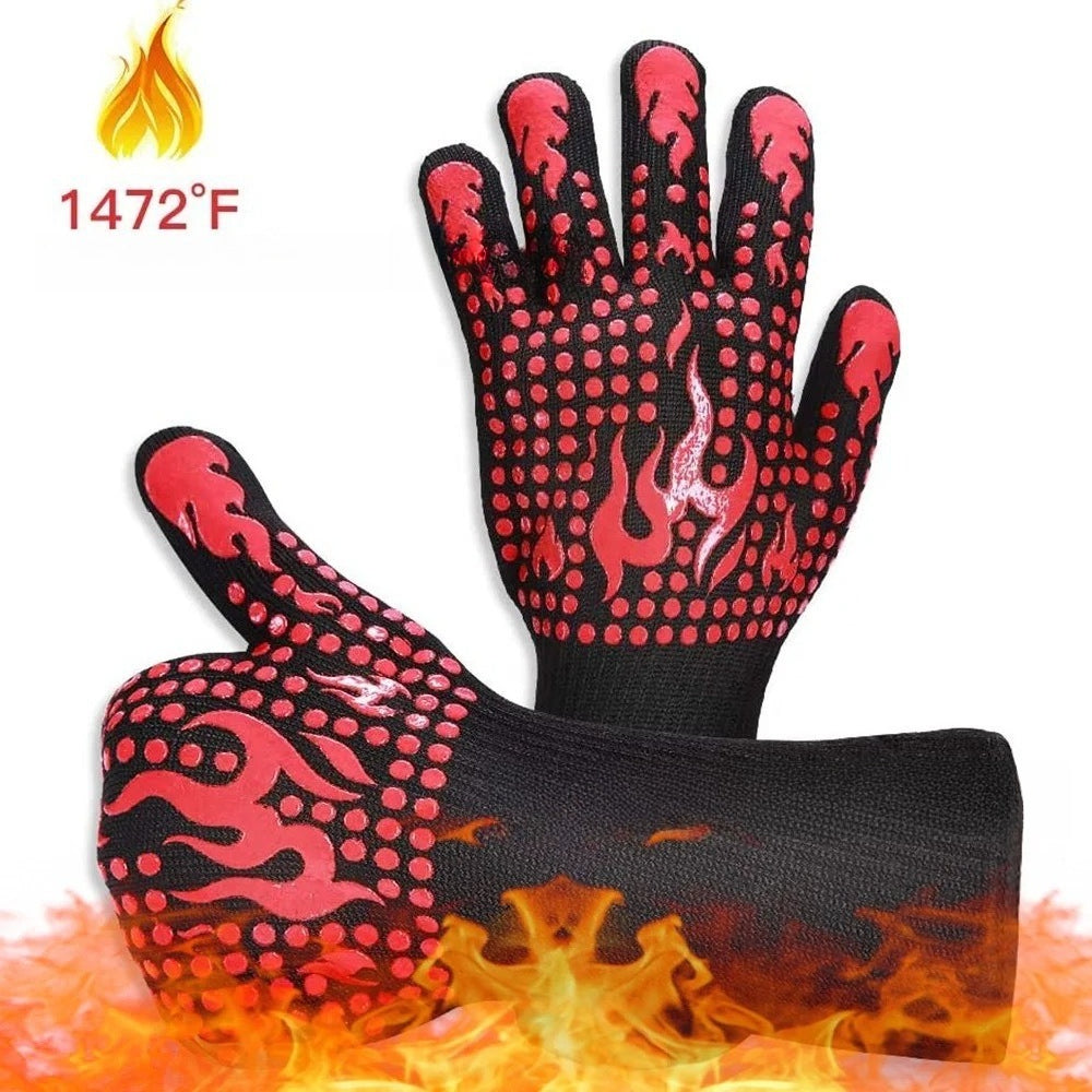 2pcs/Pair Heat Resistant Gloves for BBQ Double Layer Thickened Silicone Oven Gloves Fire Retardant Cooking Gloves for Grilling
