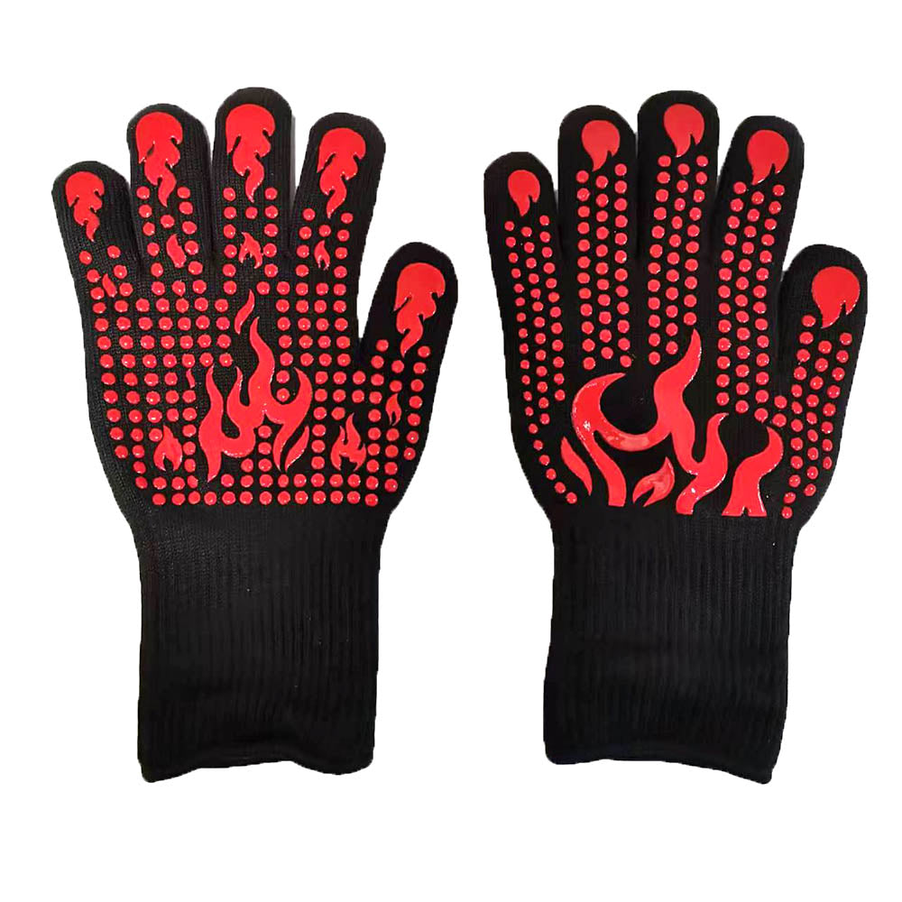 2pcs/Pair Heat Resistant Gloves for BBQ Double Layer Thickened Silicone Oven Gloves Fire Retardant Cooking Gloves for Grilling